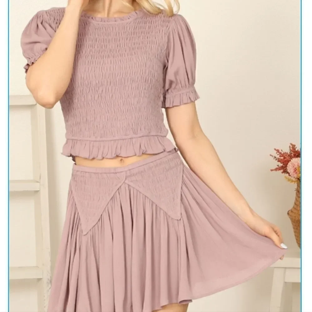 Lavendar Matching Set  Smocked Top Skirt Feminine Frilly Boho Outfit